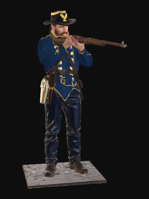 3D model for soldier of american cavarly 7th regiment 
standing and shooting with double-barrelled  carbine 
porting kepis with cavalry crossed sabers insignia on head
 suspenders left and right of the shirt
 striping on uniforme pants sidelong   bandanna around the   gorge 
at the battle of little big horn  at 1876