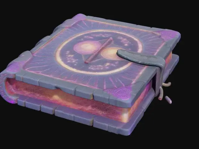 3D model for A highly detailed 3D model of a magical artifact – a cosmic crystal book. The book appears ancient and mystical, with intricate carvings on its cover and glowing cosmic runes. Its pages are filled with emissive cosmic gel that shimmers and pulsates with ethereal energy. The artifact radiates an otherworldly aura, blending elements of fantasy and sci-fi. Rendered in 4K ultra-realistic quality, with highly detailed textures and realistic lighting effects.