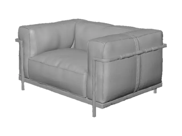 3D model for A modern, black leather furniture piece with cubic elements. Features gold-toned metal arms and legs. Luxury. Realistic. Suitable for interior architecture.