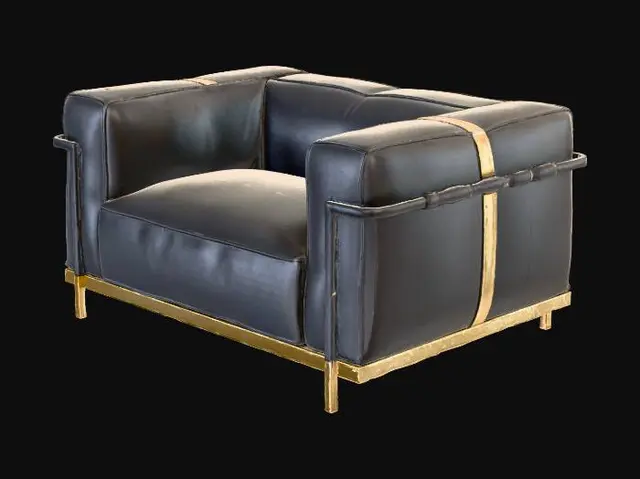 3D model for A modern, black leather furniture piece with cubic elements. Features gold-toned metal arms and legs. Luxury. Realistic. Suitable for interior architecture.