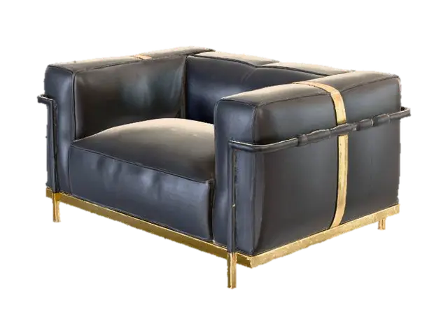 3D model for A modern, black leather furniture piece with cubic elements. Features gold-toned metal arms and legs. Luxury. Realistic. Suitable for interior architecture.