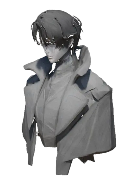 A drawing of a man with dark hair wearing a coat. - Badguy 3D model, vytvořený pomocí AI