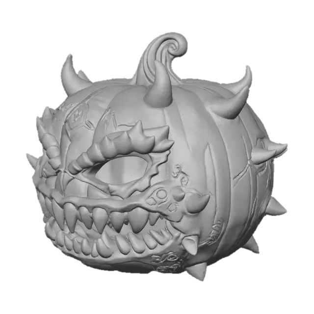 3D model for #Halloween2025#, A monstrous, heavily armored demon pumpkin with overlapping, jagged plates resembling scales, glowing molten cracks emitting from within, and a fierce, snarling mouth. The bottom is perfectly flat for stable 3D printing.