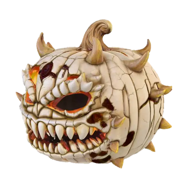 3D model for #Halloween2025#, A monstrous, heavily armored demon pumpkin with overlapping, jagged plates resembling scales, glowing molten cracks emitting from within, and a fierce, snarling mouth. The bottom is perfectly flat for stable 3D printing.