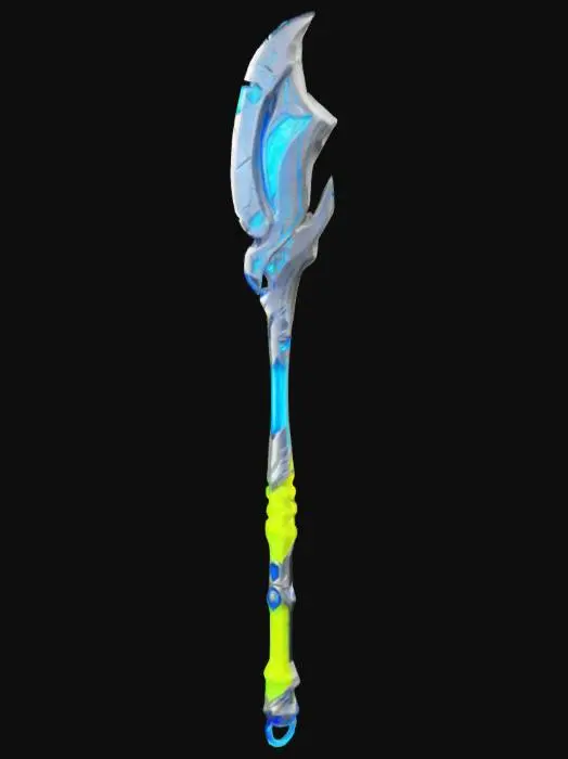 3D model for A Light Silver Staff Embedded with Modern Material Yellow Grip with Neon Blue Glow on the Staff, The Neon Blue Glow Represents Power Absorbing Capacity of the Staff to Return the Attack Strength with Double Force Counter Attack or Charge, #ChronoForgeWeapon#