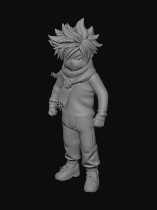 3D model for Give me a character for Roblox skin with messy hair anime style body and wearing a scarf blue cloths white hair aggressive eyes sharingan red colour eyes