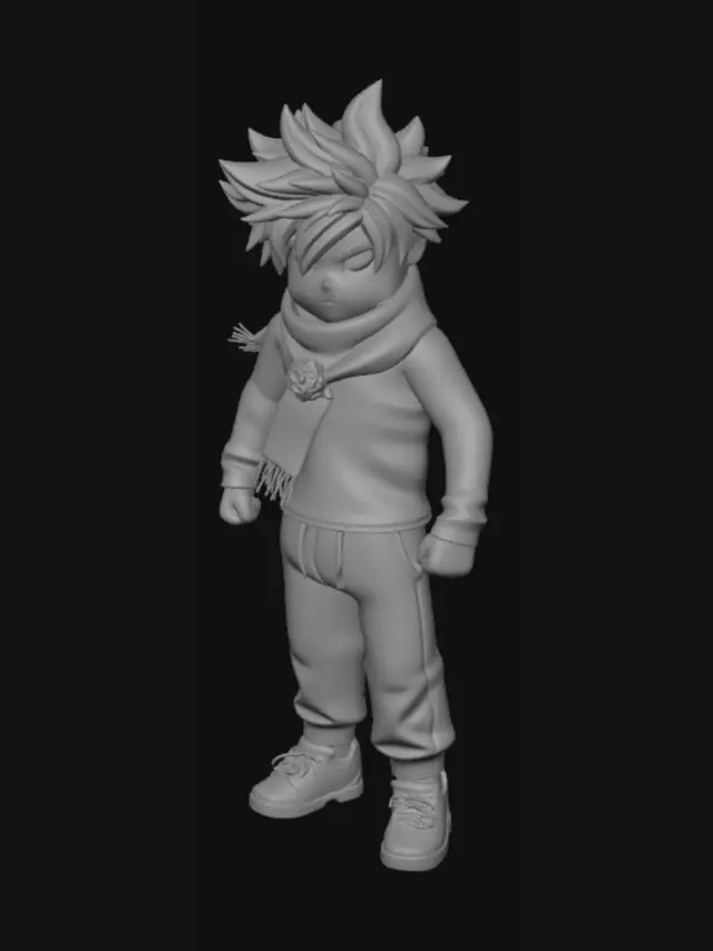 3D model for Give me a character for Roblox skin with messy hair anime style body and wearing a scarf blue cloths white hair aggressive eyes sharingan red colour eyes