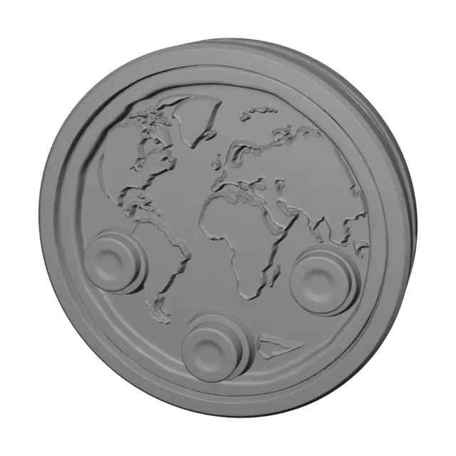 3D model for A futuristic fidget clicker inspired by the Earth. Circular body representing the ocean with individually raised continents acting as large tactile buttons. Every continent has generous spacing around it, smooth rounded transitions, minimalistic geometric style, premium desk toy, designed to accommodate hidden mechanical switches inside, optimized for 3D printing, clean topology, solid manifold mesh, no textures.
