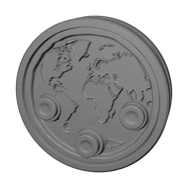 3D model for A futuristic fidget clicker inspired by the Earth. Circular body representing the ocean with individually raised continents acting as large tactile buttons. Every continent has generous spacing around it, smooth rounded transitions, minimalistic geometric style, premium desk toy, designed to accommodate hidden mechanical switches inside, optimized for 3D printing, clean topology, solid manifold mesh, no textures.