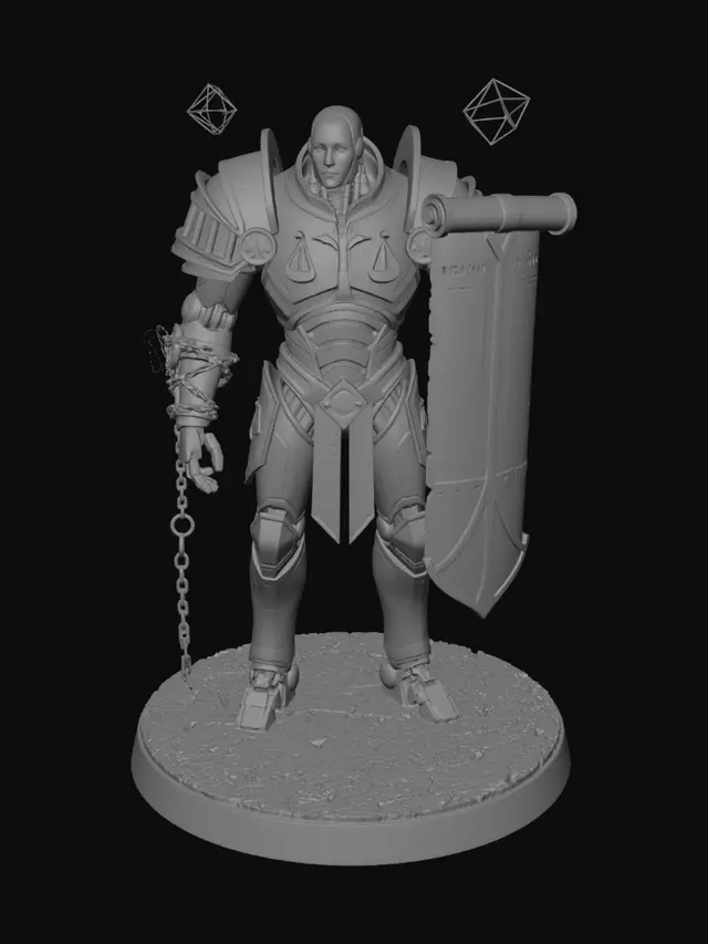 3D model for Towering humanoid automaton of polished brass, white stone, and geometric steel, standing over eight feet tall. Its face is a smooth porcelain mask with a single glowing eye slit, expressionless and impartial. Massive layered armor resembles overlapping courthouse architecture and balanced scales. Intricate legal glyphs and engraved statutes cover its body. One arm terminates in a restraint mechanism of chains, rings, and locking sigils, while the other carries a monumental tower shield shaped like a judicial decree. Standing in a pristine civic plaza beneath floating geometric constructs, surrounded by orderly citizens, cinematic fantasy realism, ultra detailed, imposing but not evil, embodiment of law and order.