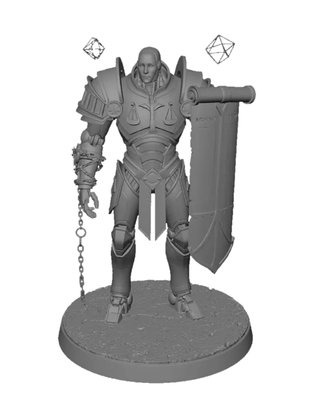 3D model for Towering humanoid automaton of polished brass, white stone, and geometric steel, standing over eight feet tall. Its face is a smooth porcelain mask with a single glowing eye slit, expressionless and impartial. Massive layered armor resembles overlapping courthouse architecture and balanced scales. Intricate legal glyphs and engraved statutes cover its body. One arm terminates in a restraint mechanism of chains, rings, and locking sigils, while the other carries a monumental tower shield shaped like a judicial decree. Standing in a pristine civic plaza beneath floating geometric constructs, surrounded by orderly citizens, cinematic fantasy realism, ultra detailed, imposing but not evil, embodiment of law and order.