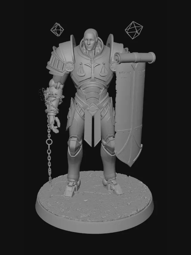 3D model for Towering humanoid automaton of polished brass, white stone, and geometric steel, standing over eight feet tall. Its face is a smooth porcelain mask with a single glowing eye slit, expressionless and impartial. Massive layered armor resembles overlapping courthouse architecture and balanced scales. Intricate legal glyphs and engraved statutes cover its body. One arm terminates in a restraint mechanism of chains, rings, and locking sigils, while the other carries a monumental tower shield shaped like a judicial decree. Standing in a pristine civic plaza beneath floating geometric constructs, surrounded by orderly citizens, cinematic fantasy realism, ultra detailed, imposing but not evil, embodiment of law and order.