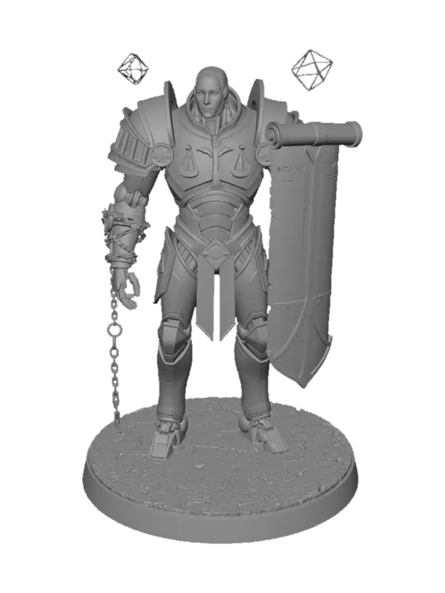 3D model for Towering humanoid automaton of polished brass, white stone, and geometric steel, standing over eight feet tall. Its face is a smooth porcelain mask with a single glowing eye slit, expressionless and impartial. Massive layered armor resembles overlapping courthouse architecture and balanced scales. Intricate legal glyphs and engraved statutes cover its body. One arm terminates in a restraint mechanism of chains, rings, and locking sigils, while the other carries a monumental tower shield shaped like a judicial decree. Standing in a pristine civic plaza beneath floating geometric constructs, surrounded by orderly citizens, cinematic fantasy realism, ultra detailed, imposing but not evil, embodiment of law and order.