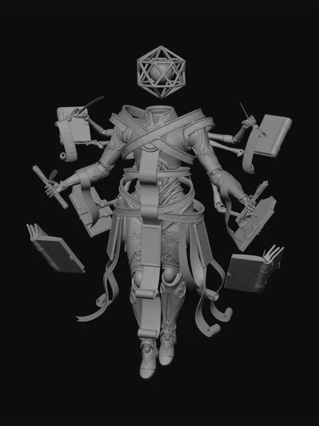 3D model for Elegant floating automaton built from ivory stone, brass filigree, and countless rotating rings of illuminated text. A slender humanoid frame concealed beneath cascading scrolls, parchment ribbons, and metallic tablets engraved with laws and precedents. Its head is a suspended geometric polyhedron containing a glowing core. Dozens of mechanical arms continuously write, sort, and catalog information. Floating books orbit around it like planets. Located within an immense library of impossible shelves and suspended records, soft golden light, highly detailed fantasy realism, mysterious, intelligent, bureaucratic, living repository of knowledge and legal history.