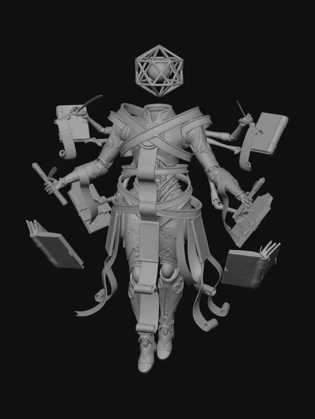 3D model for Elegant floating automaton built from ivory stone, brass filigree, and countless rotating rings of illuminated text. A slender humanoid frame concealed beneath cascading scrolls, parchment ribbons, and metallic tablets engraved with laws and precedents. Its head is a suspended geometric polyhedron containing a glowing core. Dozens of mechanical arms continuously write, sort, and catalog information. Floating books orbit around it like planets. Located within an immense library of impossible shelves and suspended records, soft golden light, highly detailed fantasy realism, mysterious, intelligent, bureaucratic, living repository of knowledge and legal history.