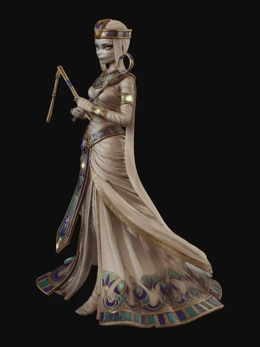 3D model for Full-length image of a Pale, Egyptian queen wrapped in aged beige bandages that crisscross the torso and spiral tightly around the arms and neck, worn and slightly stained fabric with frayed edges and matte texture. Long, Angular face with hollowed cheeks and narrow jawline, cracked porcelain-like gray skin with fine fissures and vein-like markings, darkened eye sockets, glowing golden-yellow eyes with an intense, unnatural gaze, Black shoulder length hair. Heavy, dusty, weathered dark Royal blue hood draped over the head, rough textured fabric casting deep shadows, layered dark cloth around neck and shoulders. Fabric wrap is looser at torso exposing more weathered cocking skin. Tarnished golden headdress. Dark fantasy style.
