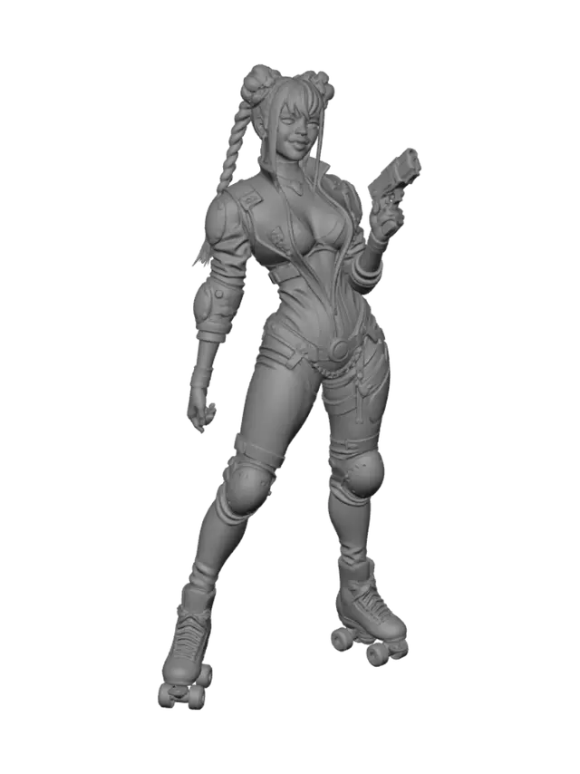 3D model for Premium AAA game character for a female post-apocalyptic roller derby gladiator inspired by Japan street racing culture. Heroic, highly detailed, stylized proportions, premium collectible statue quality. Slender, athletic, statuesque, with vibrant neon hair braided buns and bangs. Fierce bright eyes. Expression i cocky, fearless, and exhilarated by battle.

Costume combines motocycle jumpsuit with street party glamour. roller derby protective details, reinforced elbow and knee pads, sleek roller skates. campy, sexy, stylized realism, premium resin collectible. Anime influenced real world aesthetic. Handheld taser and wrench as hand defenses.