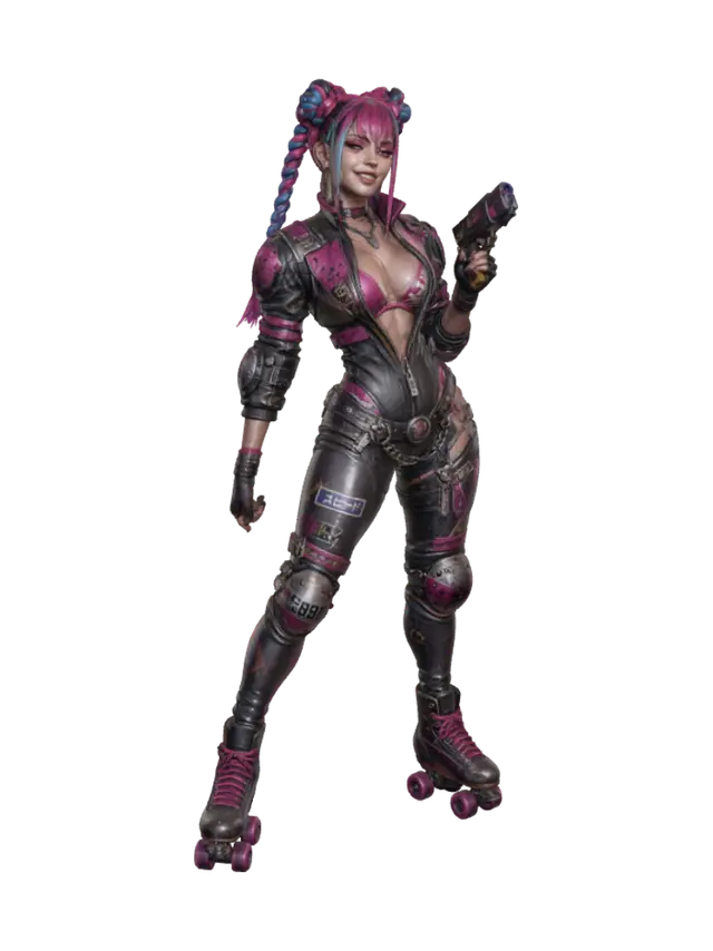 3D model for Premium AAA game character for a female post-apocalyptic roller derby gladiator inspired by Japan street racing culture. Heroic, highly detailed, stylized proportions, premium collectible statue quality. Slender, athletic, statuesque, with vibrant neon hair braided buns and bangs. Fierce bright eyes. Expression i cocky, fearless, and exhilarated by battle.

Costume combines motocycle jumpsuit with street party glamour. roller derby protective details, reinforced elbow and knee pads, sleek roller skates. campy, sexy, stylized realism, premium resin collectible. Anime influenced real world aesthetic. Handheld taser and wrench as hand defenses.