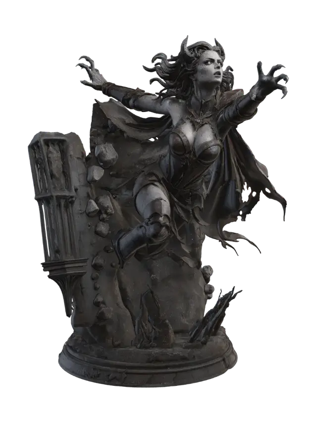 A Beautiful human female gargoyle, emerges from a high gothic stone wall with… - Ghostly 3D model, vytvořený pomocí AI