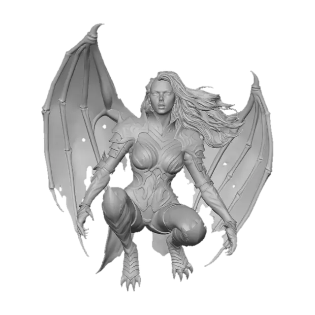3D model for Beautiful lightly armored female human gargoyle perched on a gothic rooftop cornice. Dutch angle image from below. Dramatic, intense moonlight, her skin is magically changing from stone to porcelain skin and iron armor. She is ghostly, yet serves as a sentry guardian