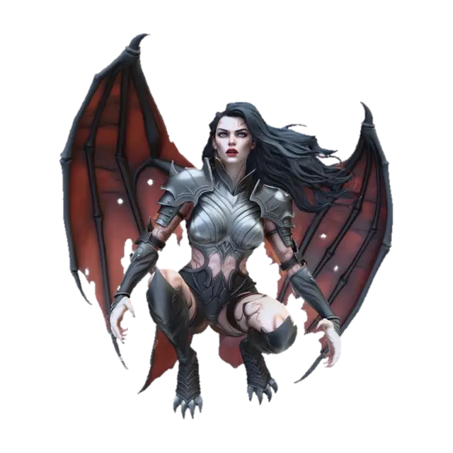 3D model for Beautiful lightly armored female human gargoyle perched on a gothic rooftop cornice. Dutch angle image from below. Dramatic, intense moonlight, her skin is magically changing from stone to porcelain skin and iron armor. She is ghostly, yet serves as a sentry guardian