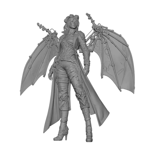 3D model for Female steampunk glider warrior, full body character concept, lean agile silhouette, ornate copper ribcage armor with elaborate filigree and scrollwork mimicking rib bones, decorative flourishes over anatomical accuracy, copper skeletal wing frames extending from a mechanical spine harness, stretched dark leather membrane panels between wing ribs, long weathered dark coat, brass goggles, intricate gear details, steam vents along wing joints, glowing amber accents, product render, studio lighting, clean white background, isometric 3/4 view, high detail illustration.
