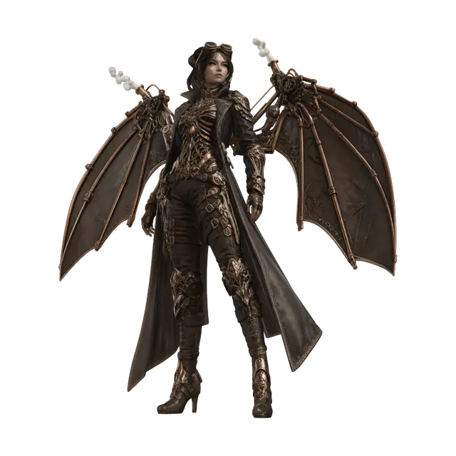3D model for Female steampunk glider warrior, full body character concept, lean agile silhouette, ornate copper ribcage armor with elaborate filigree and scrollwork mimicking rib bones, decorative flourishes over anatomical accuracy, copper skeletal wing frames extending from a mechanical spine harness, stretched dark leather membrane panels between wing ribs, long weathered dark coat, brass goggles, intricate gear details, steam vents along wing joints, glowing amber accents, product render, studio lighting, clean white background, isometric 3/4 view, high detail illustration.