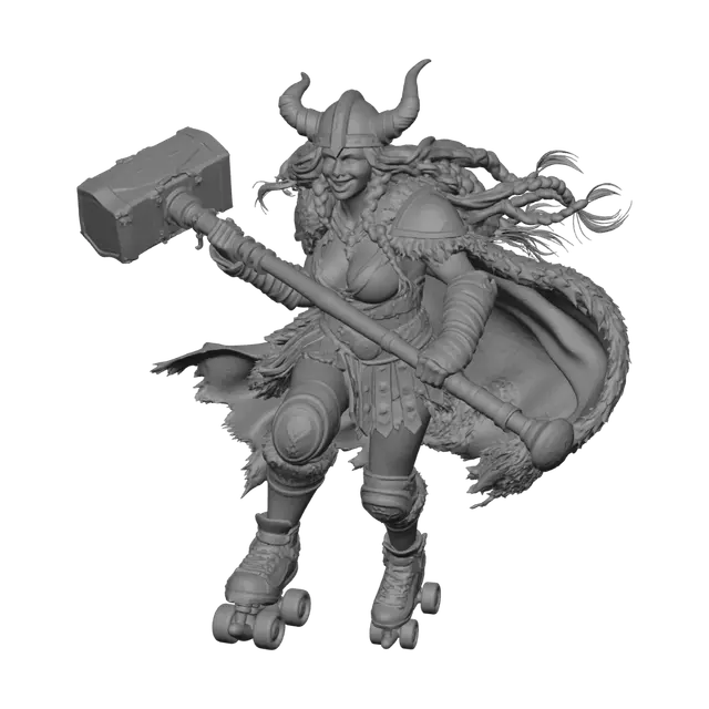 3D model for Premium AAA game character for a sexy, campy post-apocalyptic Viking roller derby champion. Heroic, highly detailed, stylized proportions, premium collectible statue quality. Very tall, statuesque blonde with long windswept braids, icy blue eyes, bold blue war paint, and a mischievous grin. Glamorous Viking helmet with polished silver horns, fur-trimmed shoulder cape, leather corset, armored mini-skirt, rune-etched shoulder pads, heavy knee pads, bracers, and custom roller skates. Color palette of icy blue, white, steel, black leather, and weathered bronze.
Hero pose shows Icebreaker charging forward with her signature weapon: a massive two-handed Viking war hammer with a carved wooden haft, forged steel head, glowing blue runes, and leather wraps.
