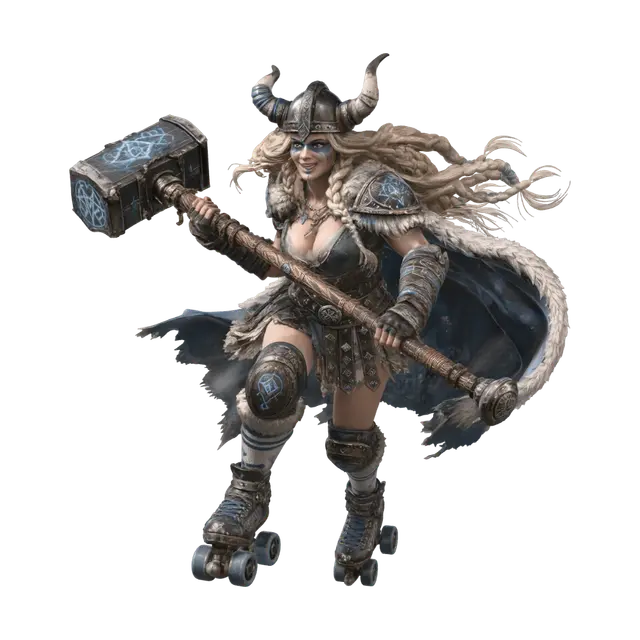 3D model for Premium AAA game character for a sexy, campy post-apocalyptic Viking roller derby champion. Heroic, highly detailed, stylized proportions, premium collectible statue quality. Very tall, statuesque blonde with long windswept braids, icy blue eyes, bold blue war paint, and a mischievous grin. Glamorous Viking helmet with polished silver horns, fur-trimmed shoulder cape, leather corset, armored mini-skirt, rune-etched shoulder pads, heavy knee pads, bracers, and custom roller skates. Color palette of icy blue, white, steel, black leather, and weathered bronze.
Hero pose shows Icebreaker charging forward with her signature weapon: a massive two-handed Viking war hammer with a carved wooden haft, forged steel head, glowing blue runes, and leather wraps.