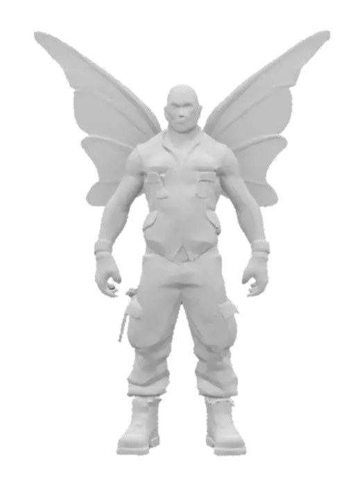 3D model for #fairy#, A muscular, bald fairy with a chiseled jawline, resembling an action hero. His translucent wings are oversized and veined like a dragonfly’s, with small battle-worn tears. He wears a rugged leather vest, fingerless gloves, and cargo pants, blending brute strength with fairy mystique. His expression is intense, exuding confidence and power.