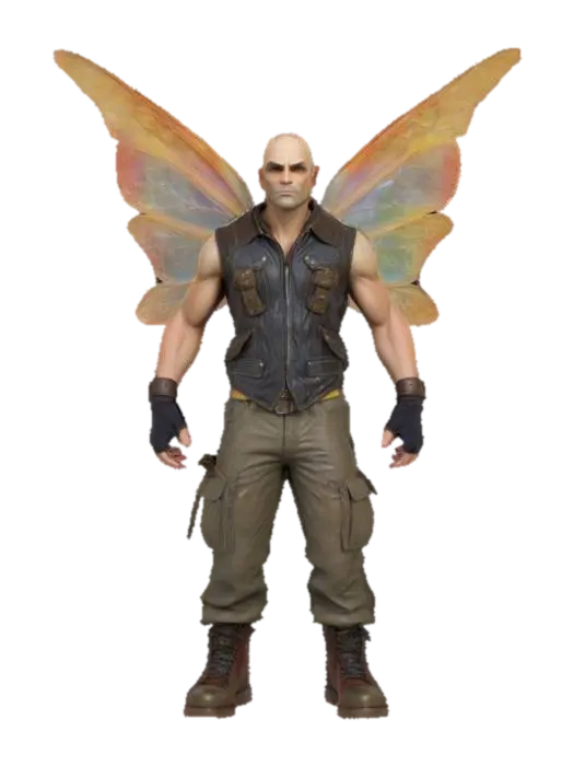 3D model for #fairy#, A muscular, bald fairy with a chiseled jawline, resembling an action hero. His translucent wings are oversized and veined like a dragonfly’s, with small battle-worn tears. He wears a rugged leather vest, fingerless gloves, and cargo pants, blending brute strength with fairy mystique. His expression is intense, exuding confidence and power.