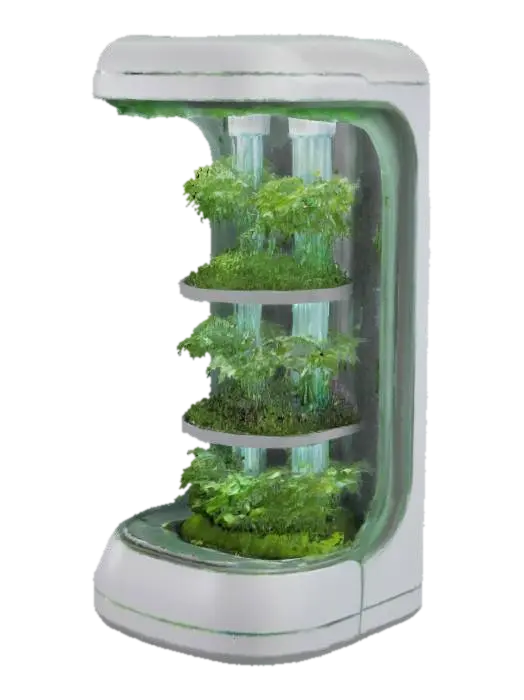 #garden#, futuristic hydroponic garden pod, sleek glass and metal structure, LED grow… 3D model, vytvořený pomocí AI