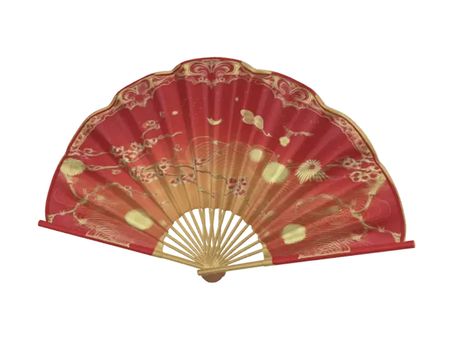 3D model for Japanese festival cheer prop, oversized ornate golden folding fan merged with glowing cheer sticks, decorated with cherry blossom and wave patterns in red and gold lacquer finish, long bamboo-style handle with flowing silk tassels in red and white, festive celebration atmosphere, shimmering metallic surface with subtle glow effect, 3D asset, game-ready, isolated on a solid white background, high quality, detailed, 8K