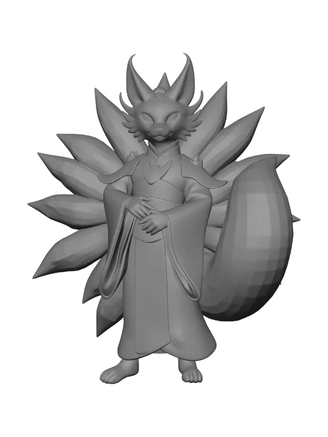 3D model for Kyuubi no Kitsune, mythical Japanese nine-tailed fox spirit, T-pose, full body, feet shoulder-width apart, facing forward, front view, elegant fox-human hybrid form with white and gold fur markings, nine flowing tails fanned out behind, ornate traditional Japanese kimono with floral and cloud patterns, fox mask or fox-like facial features, glowing amber eyes, gold jewelry accents, clean mesh suitable for texturing, no background, transparent background, 3D asset, game-ready, high quality, detailed, 8K