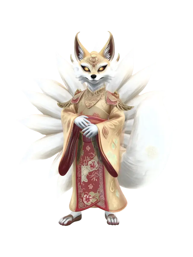 3D model for Kyuubi no Kitsune, mythical Japanese nine-tailed fox spirit, T-pose, full body, feet shoulder-width apart, facing forward, front view, elegant fox-human hybrid form with white and gold fur markings, nine flowing tails fanned out behind, ornate traditional Japanese kimono with floral and cloud patterns, fox mask or fox-like facial features, glowing amber eyes, gold jewelry accents, clean mesh suitable for texturing, no background, transparent background, 3D asset, game-ready, high quality, detailed, 8K