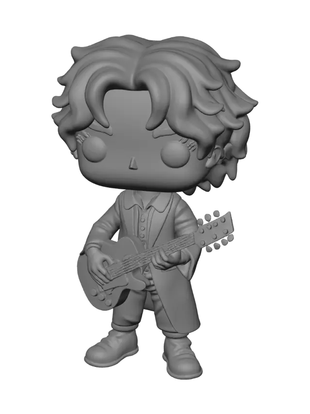 3D model for Funko Pop style vinyl figure of Robert Smith, singer of The Cure,oversized head and small body, chibi proportions,
very dark gothic messy hair, chaotic and dramatic,
voluminous gloomy black hair, wild and unkempt,
hair covering parts of the face, heavy shadowy look,
pale white face with dark black eye makeup,
simple round black eyes, no mouth details,
wearing black gothic shirt, black pants and gothic boots,
holding an electric guitar with both hands in front of the body,
standing pose, arms bent,
toy style, smooth surfaces, simplified shapes,
, no realistic textures,
solid 3D model, watertight mesh,3D printable figure, no floating parts,thick geometry, minimum thickness 1.2mm,flat feet for stable standing
cute hairstyle, clean hair, modern haircut,
realistic hairdark gothic mood, melancho