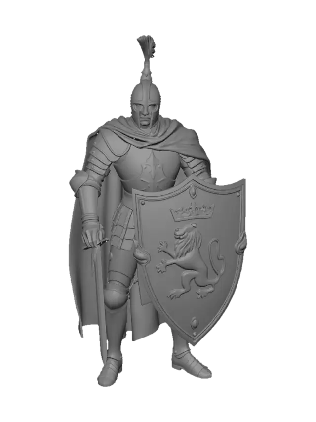 3D model for un chevalier médiéval en armure de plaques avec une cape, une épée et un bouclier de type écu avec des armoiries contenant un lion de profil.