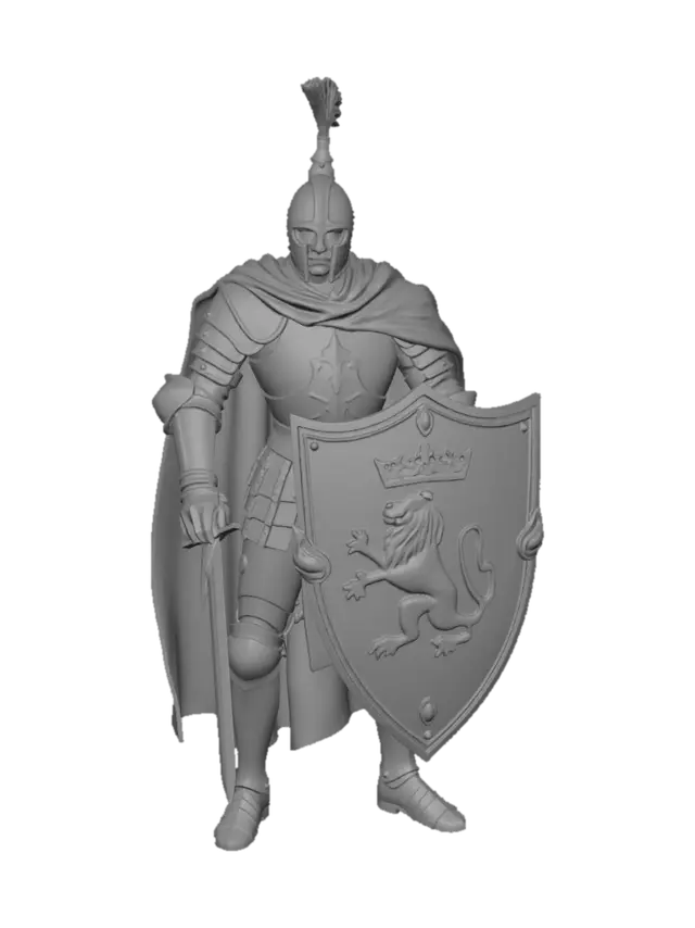 3D model for un chevalier médiéval en armure de plaques avec une cape, une épée et un bouclier de type écu avec des armoiries contenant un lion de profil.