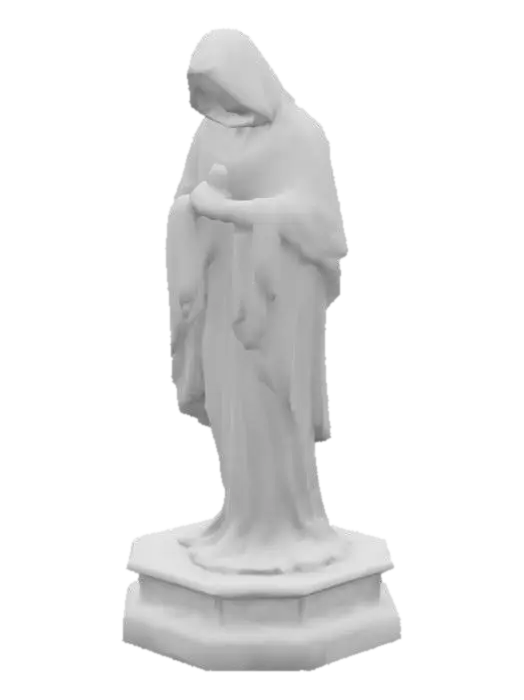 3D model for trauernder Mensch als Bronzestatue. Mit Sockel. Im Sockel ein kreuz