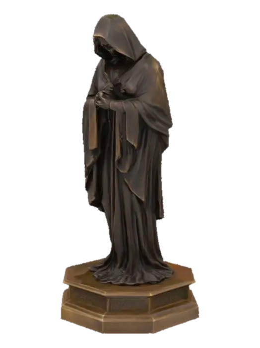 3D model for trauernder Mensch als Bronzestatue. Mit Sockel. Im Sockel ein kreuz