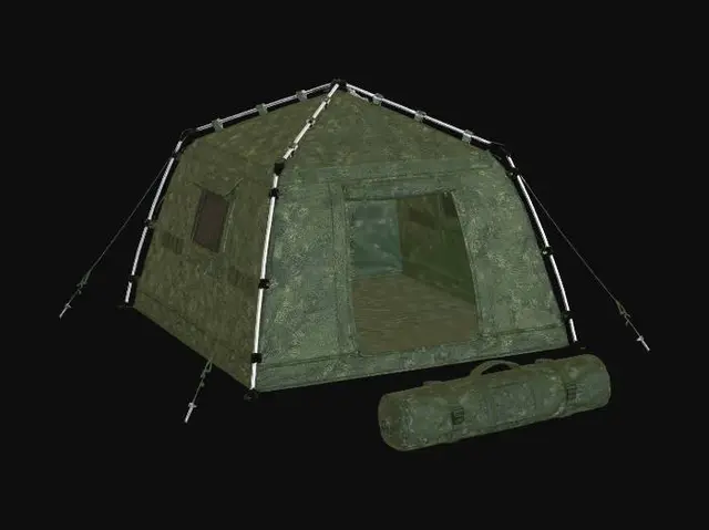 3D model for Modern military field tent, modular design, camouflage green, aluminum frame poles, heavy duty fabric, ventilation flaps, white background, studio lighting, photorealistic, highly detailed, full body shot