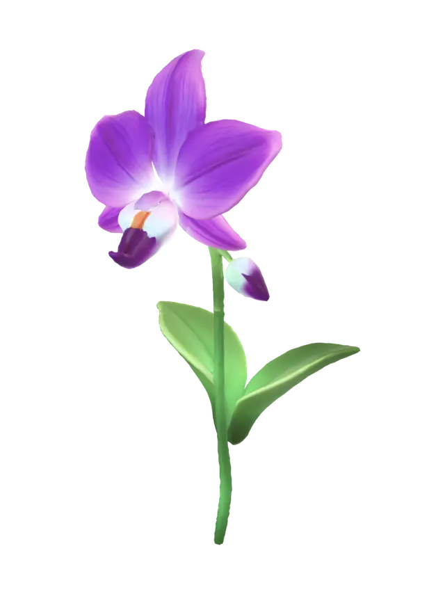 3D model for A stylized ultra low-poly alien orchid plant, clean geometric petals, simple thick leaves, glowing neon green and soft purple spore pods at the center, low face count, clean topology, mobile optimized, game-ready asset