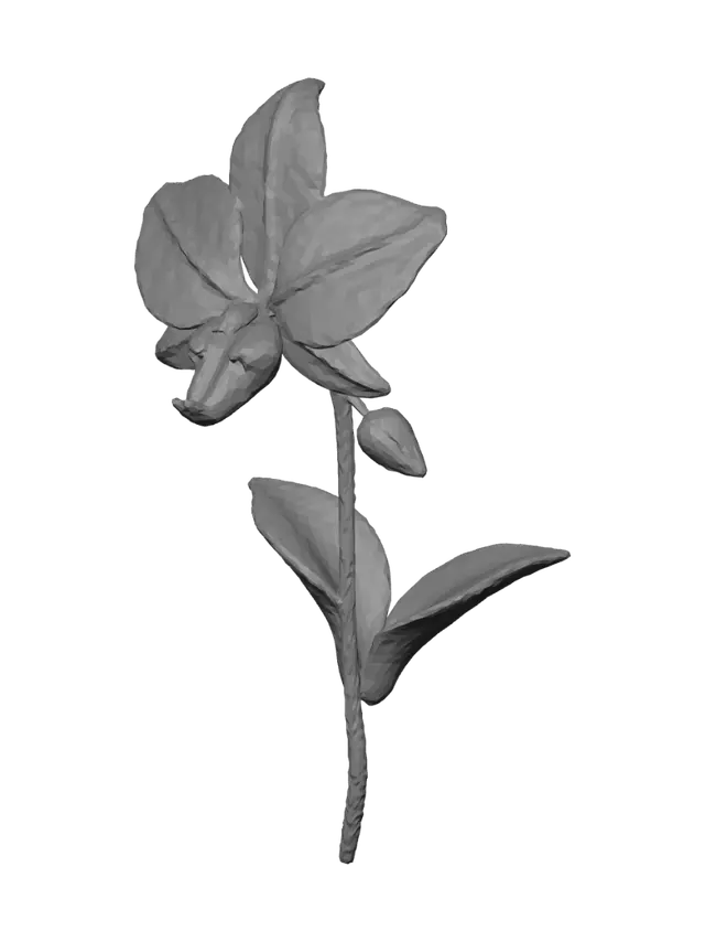 3D model for A stylized ultra low-poly alien orchid plant, clean geometric petals, simple thick leaves, glowing neon green and soft purple spore pods at the center, low face count, clean topology, mobile optimized, game-ready asset