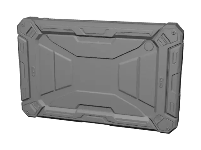 3D model for "A rugged protective tablet case for 10-inch tablet, black plastic with orange side handles, reinforced corners, textured back panel with diamond grip pattern, cutouts for camera and USB-C port, industrial garage diagnostic scanner style, M4 screw mounts on handles, fold-out kickstand on back"