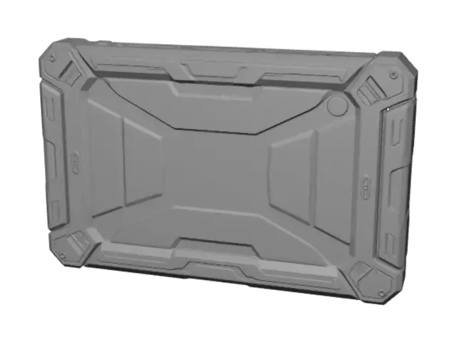 3D model for "A rugged protective tablet case for 10-inch tablet, black plastic with orange side handles, reinforced corners, textured back panel with diamond grip pattern, cutouts for camera and USB-C port, industrial garage diagnostic scanner style, M4 screw mounts on handles, fold-out kickstand on back"