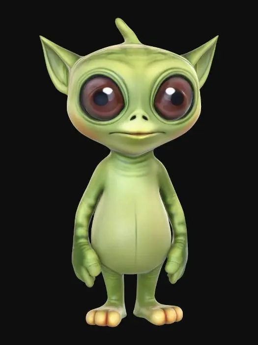 3D model for cute green alien with a fat butt and fewer digits on fingers and toes