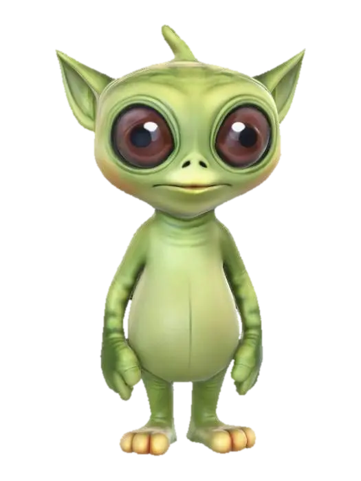 3D model for cute green alien with a fat butt and fewer digits on fingers and toes