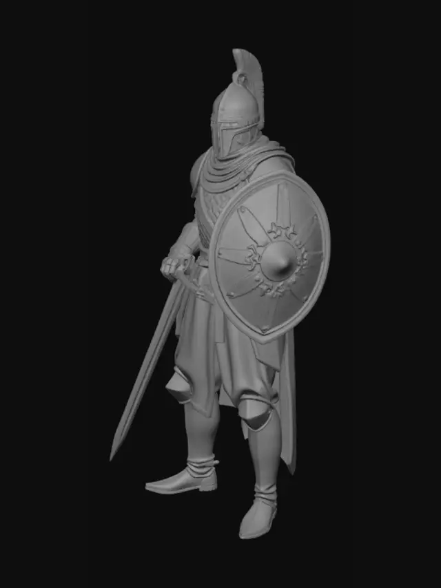 3D model for Možeš li mi na engleskom opisati u 800 riječi vojnika križara da ga se što detaljnije napravi u 3D printu 

A full-body medieval Crusader knight designed for highly detailed 3D printing, standing in a strong and disciplined pose with realistic proportions and historically inspired armor from the late 12th to early 13th century. The figure should appear battle-worn, noble, intimidating, and deeply authentic, with every surface containing intricate textures suitable for high-resolution resin or filament printing.

The Crusader stands upright with his weight slightly shifted onto one leg, creating a natural but commanding posture. His left hand firmly grips a large kite shield planted beside him, while his right hand holds a longsword pointed downward in a resting combat stance. The pose sho
