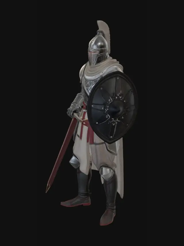 3D model for Možeš li mi na engleskom opisati u 800 riječi vojnika križara da ga se što detaljnije napravi u 3D printu 

A full-body medieval Crusader knight designed for highly detailed 3D printing, standing in a strong and disciplined pose with realistic proportions and historically inspired armor from the late 12th to early 13th century. The figure should appear battle-worn, noble, intimidating, and deeply authentic, with every surface containing intricate textures suitable for high-resolution resin or filament printing.

The Crusader stands upright with his weight slightly shifted onto one leg, creating a natural but commanding posture. His left hand firmly grips a large kite shield planted beside him, while his right hand holds a longsword pointed downward in a resting combat stance. The pose sho