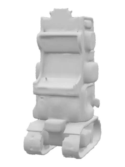3D model for Arcade Titan is a towering, fully-formed arcade machine brought to life. Its entire body is a retro arcade cabinet covered in vibrant neon decals and flickering pixel art. The screen on its chest displays shifting game scenes, glowing with colorful 8-bit animations. Buttons and joysticks are scattered all over its surface like armor panels, each glowing as it channels energy. Its sides have coin slots that emit electric sparks, and its speaker grills blast pulses of sound waves used as sonic attacks. Arcade Titan lumbers forward on thick, tank-like treads hidden beneath its cabinet frame, shaking the ground with every heavy step.

